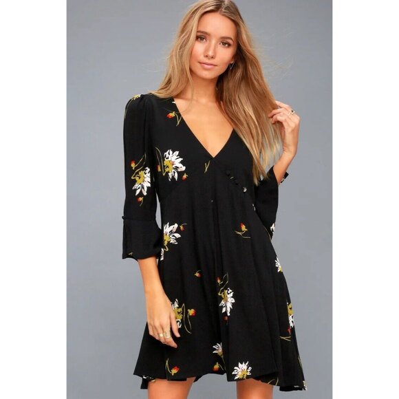 Free People Dresses & Skirts - Free People Time On My Side Black Floral Print Wrap Mini Dress Size Medium